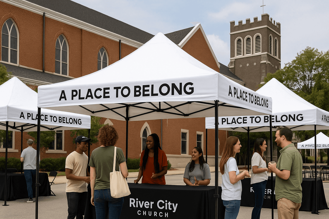 People standing under 'A Place to Belong' tents in front of a church building.