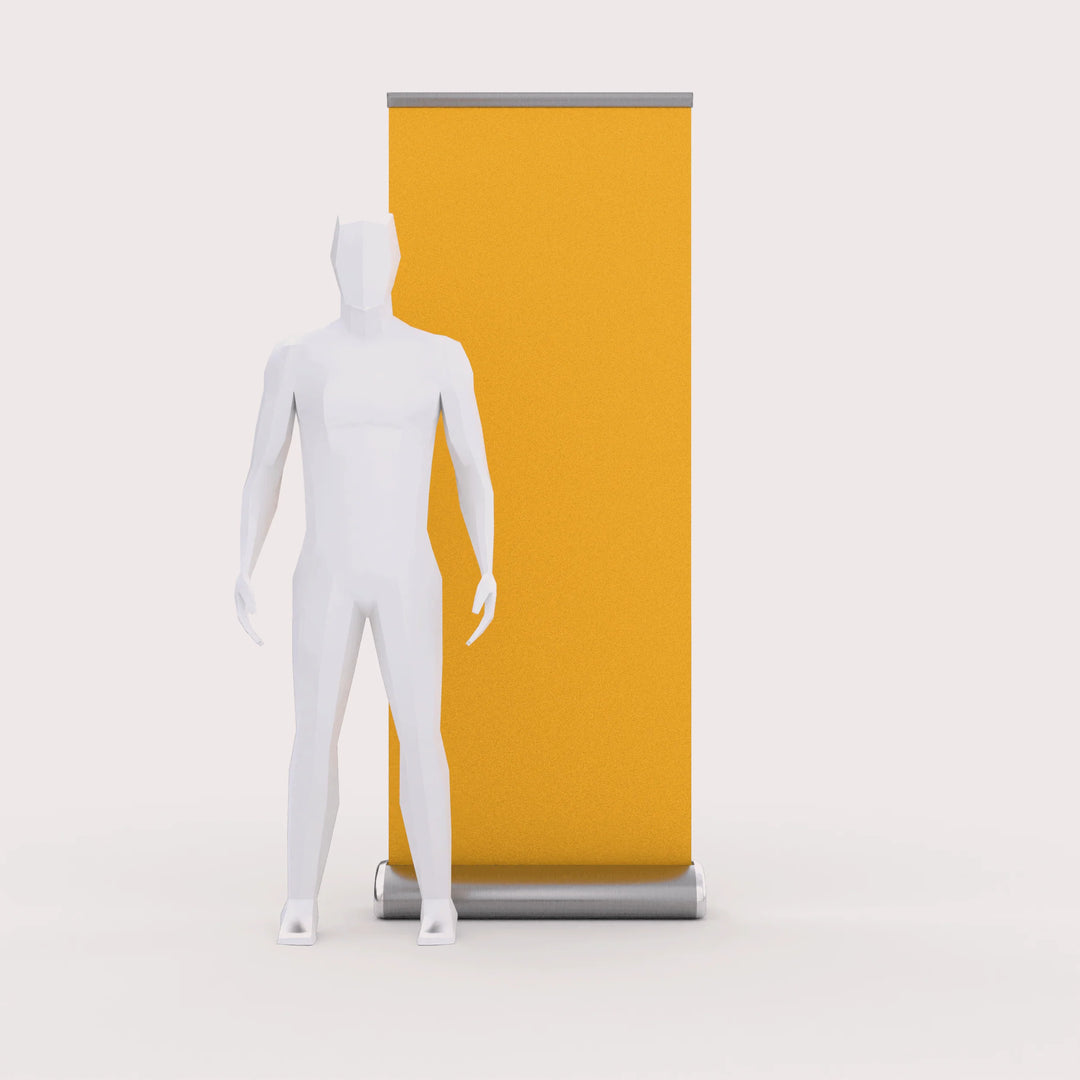 Mannequin standing next to a yellow retractable roll-up banner display for size reference