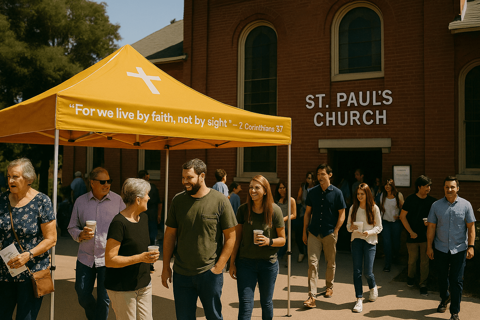 Group of people standing outside St. Paul's Church under a yellow canopy 10x10 pop up tent.