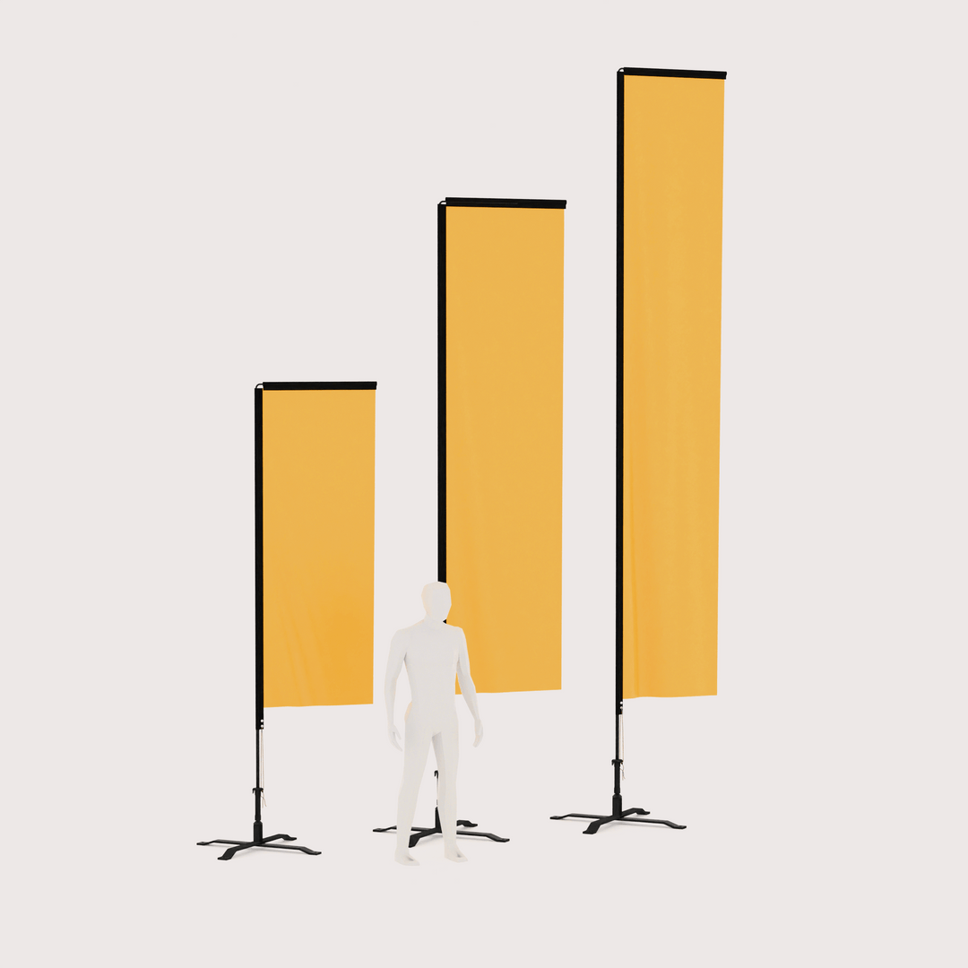 three different sizes of rectangle banner flag next to a 3d model for scale