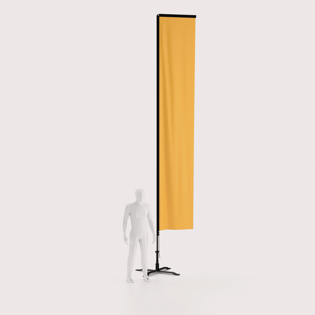 3d model standing next to a 17 foot tall rectangle banner flag with cross base
