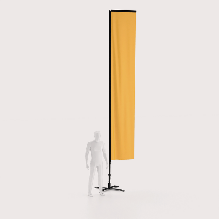 3d model standing next to a 17 foot tall rectangle banner flag with cross base