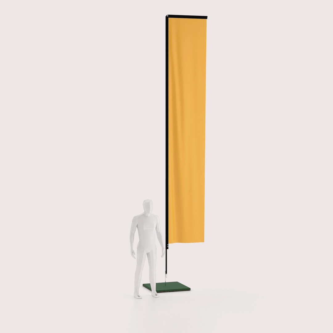 3d model standing next to a 17 foot tall rectangle banner flag staked into the ground
