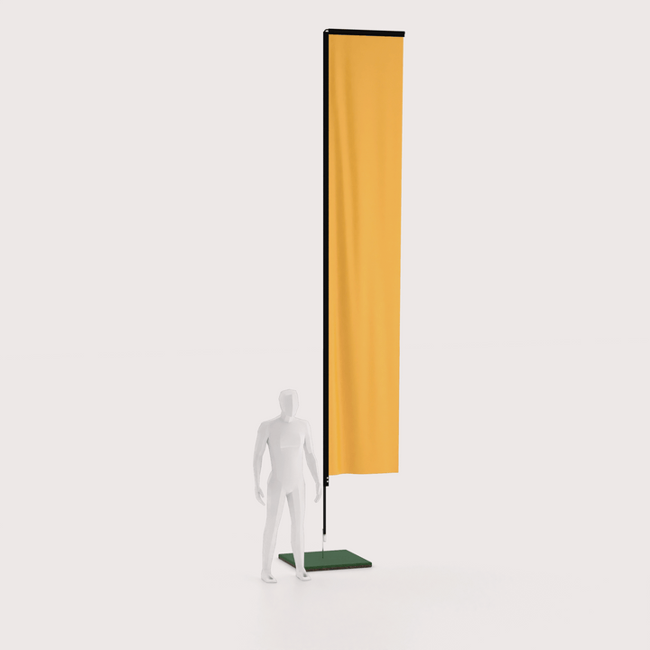 3d model standing next to a 17 foot tall rectangle banner flag staked into the ground