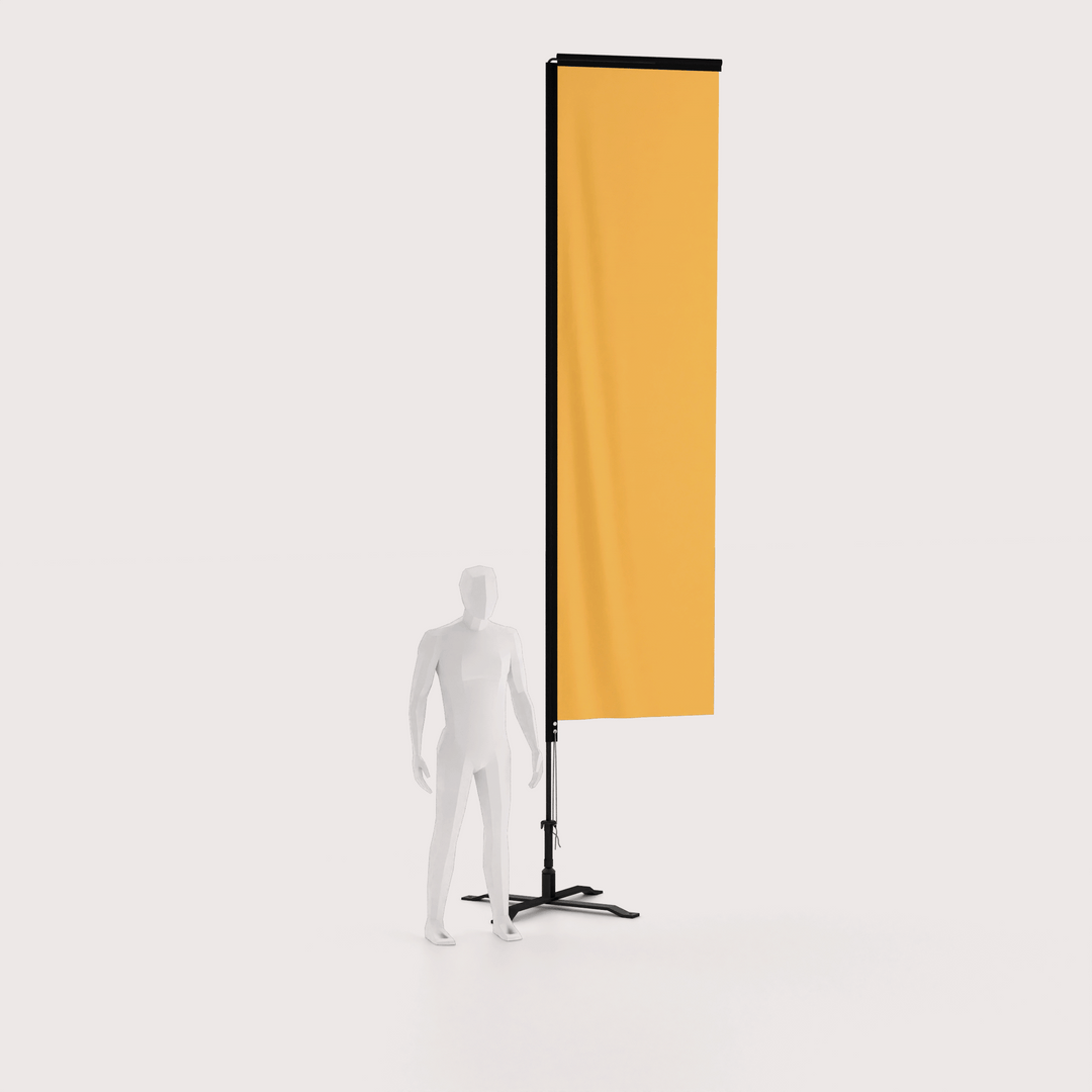 14 foot tall rectangle banner flag installed on a cross base next to a 3d model