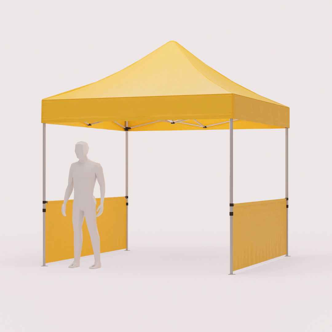 10x10 custom pop up tent with 2 half sidewalls and a 3d model standing under the canopy