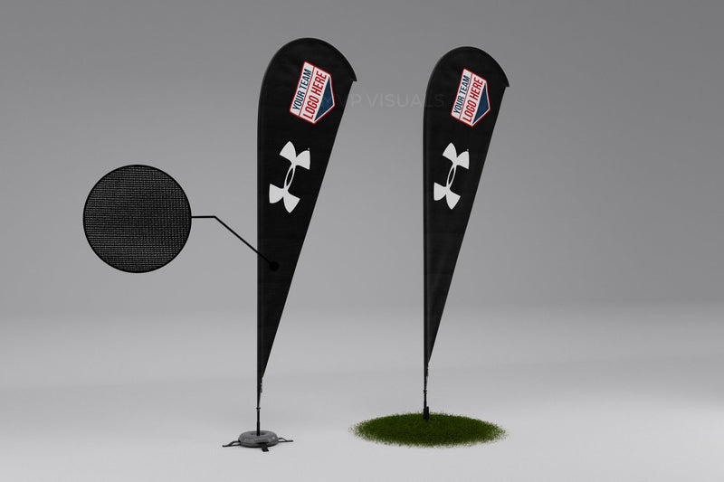 Black teardrop advertising flags featuring the Under Armour logo and custom messaging graphics