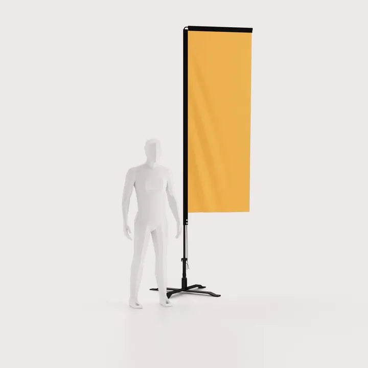 10 foot rectangle flag with cross base shown beside a person for scale