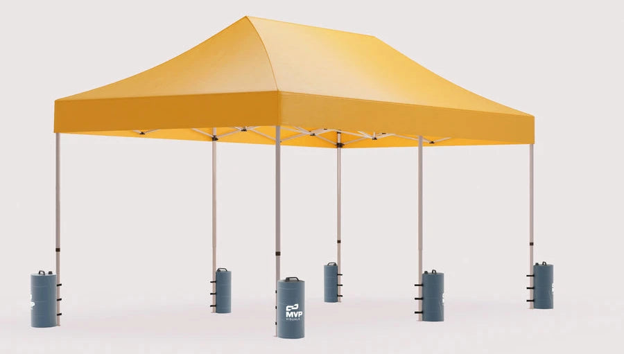 10x20 canopy tent model secured using water weight bags on hard surface