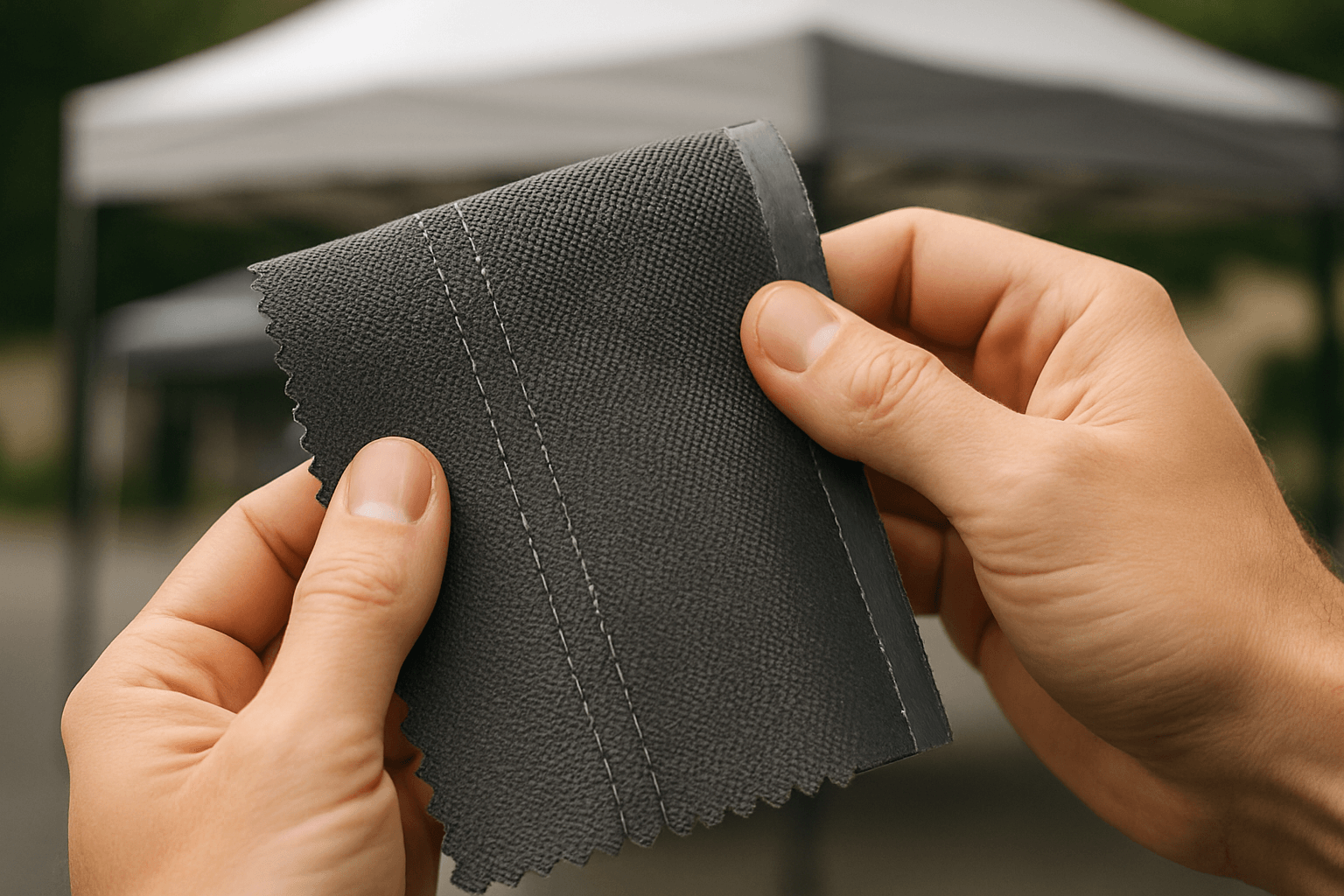 Close-up of hands holding a swatch of dark gray 600D polyester canopy fabric, showing texture, stitching, and water-resistant coating with a blurred outdoor tent in the background