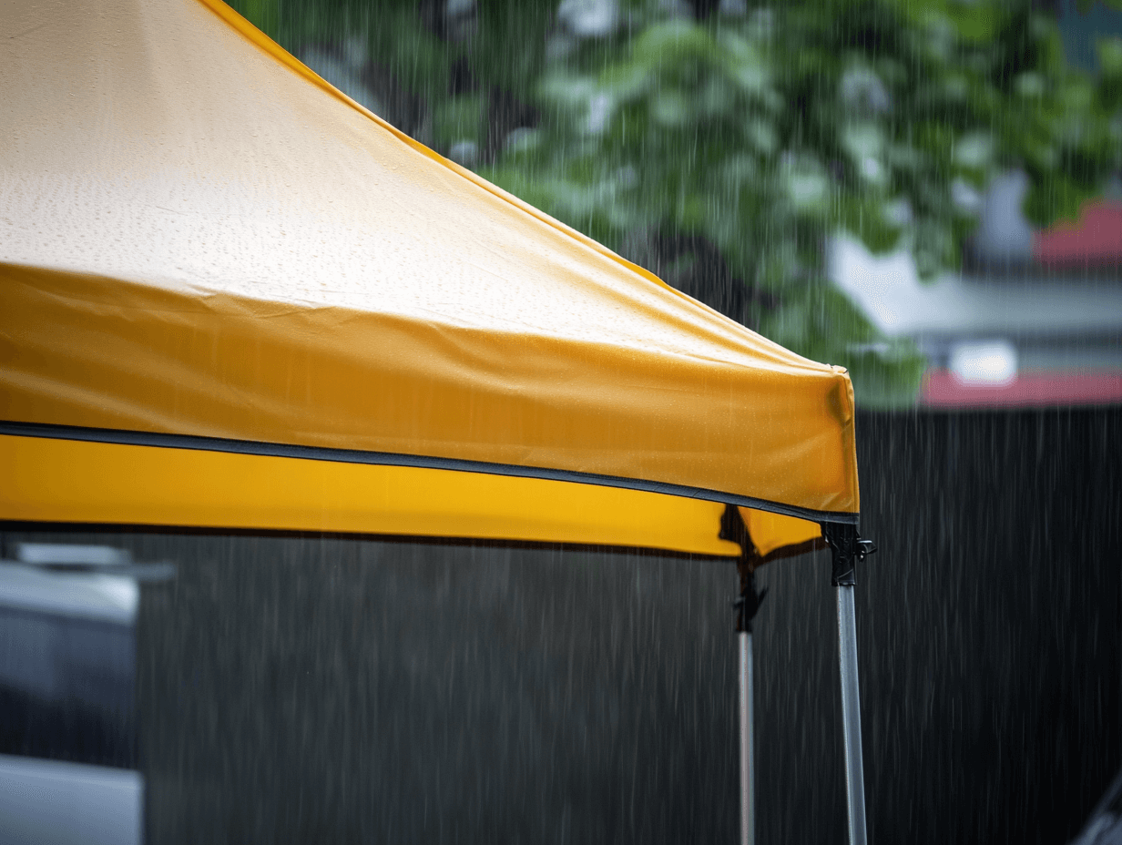 a corner view of canopy tent during heavy rain