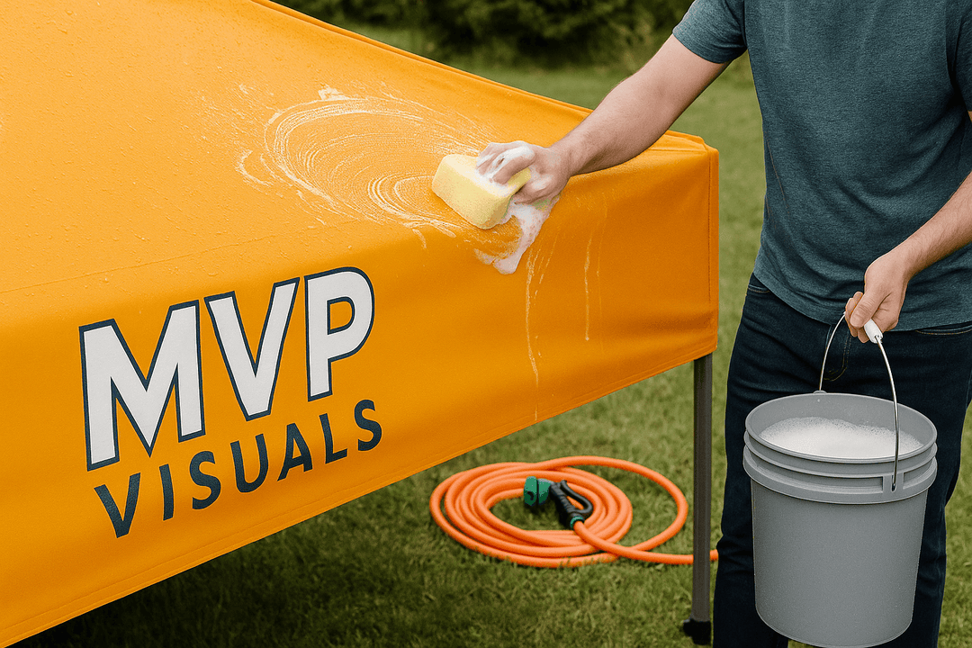Person cleaning an MVP Visuals polyester canopy tent with a sponge and bucket of soapy water outdoors