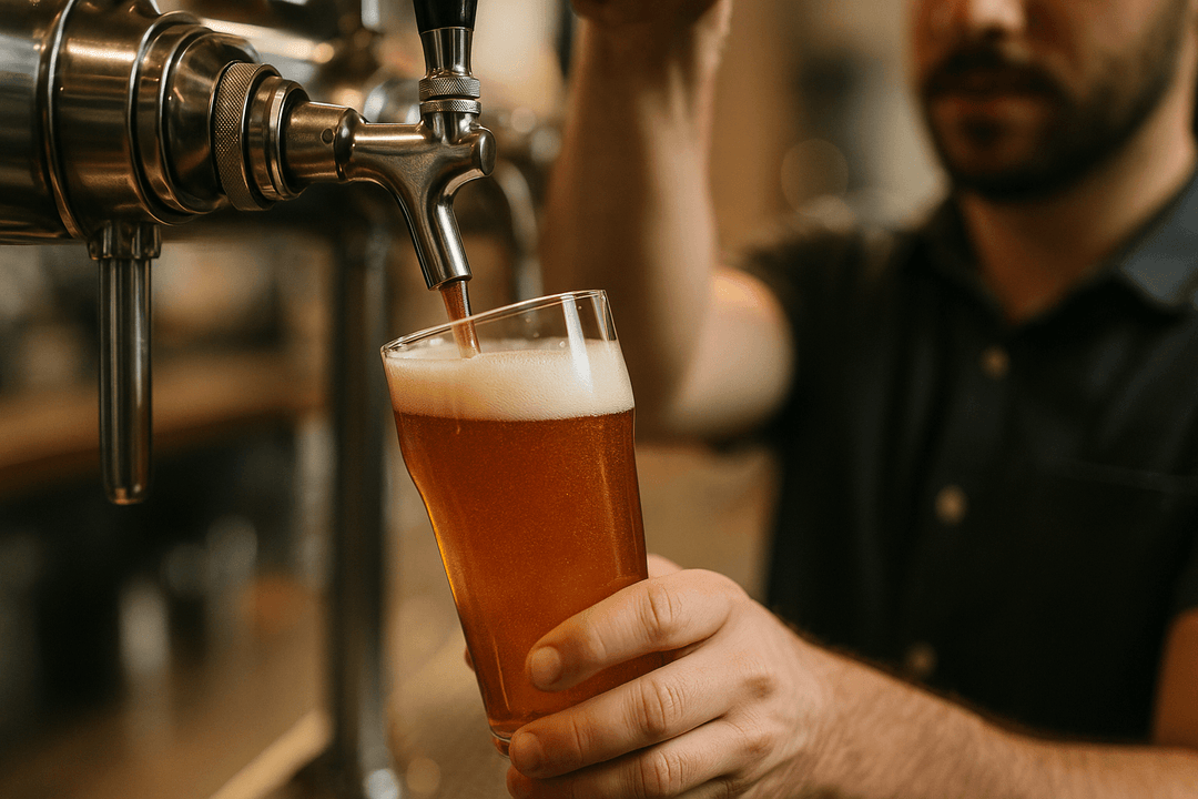 Bartender pouring beer from a stainless steel tap into a pint glass with blurred background
