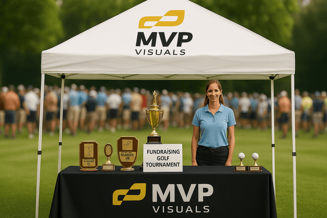  MVP Visuals canopy tent with black awards table displaying golf trophies at a fundraising tournament, with a smiling woman and crowd in the background