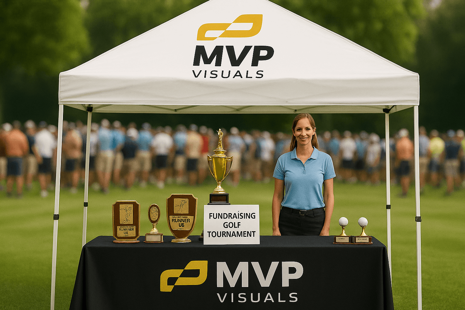  MVP Visuals canopy tent with black awards table displaying golf trophies at a fundraising tournament, with a smiling woman and crowd in the background