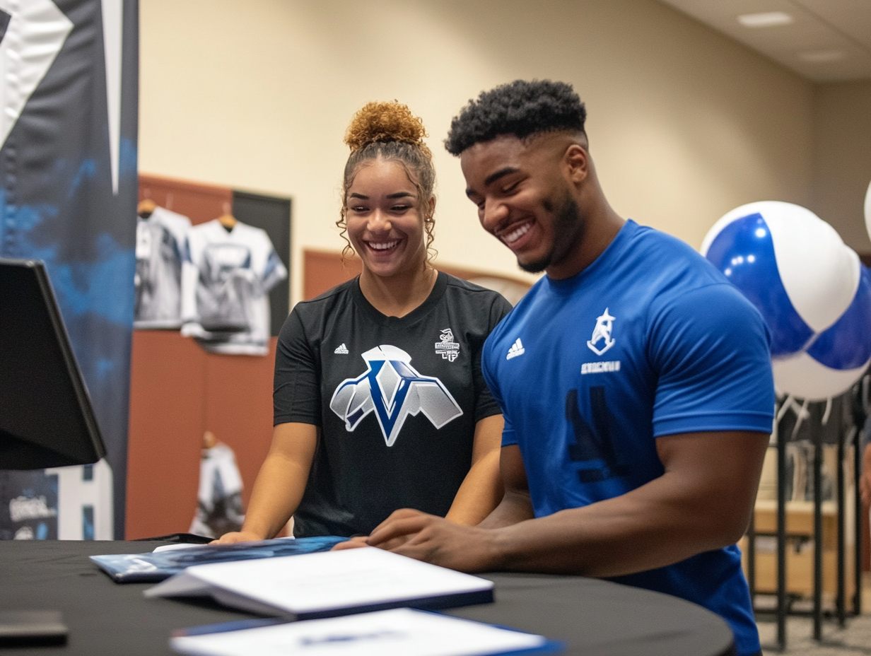 Two smiling student-athletes wearing matching blue and black sports shirts stand at a Signing Day table, reviewing documents.