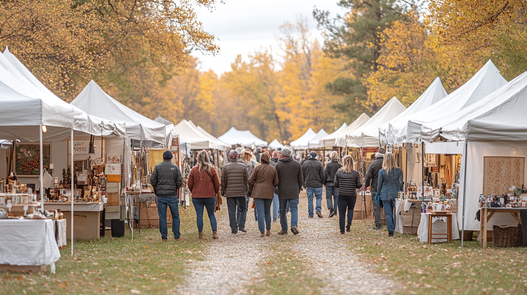 A pop-up canopy tent with removable sidewalls, set up at a craft show, displaying various handmade crafts on tables underneath.