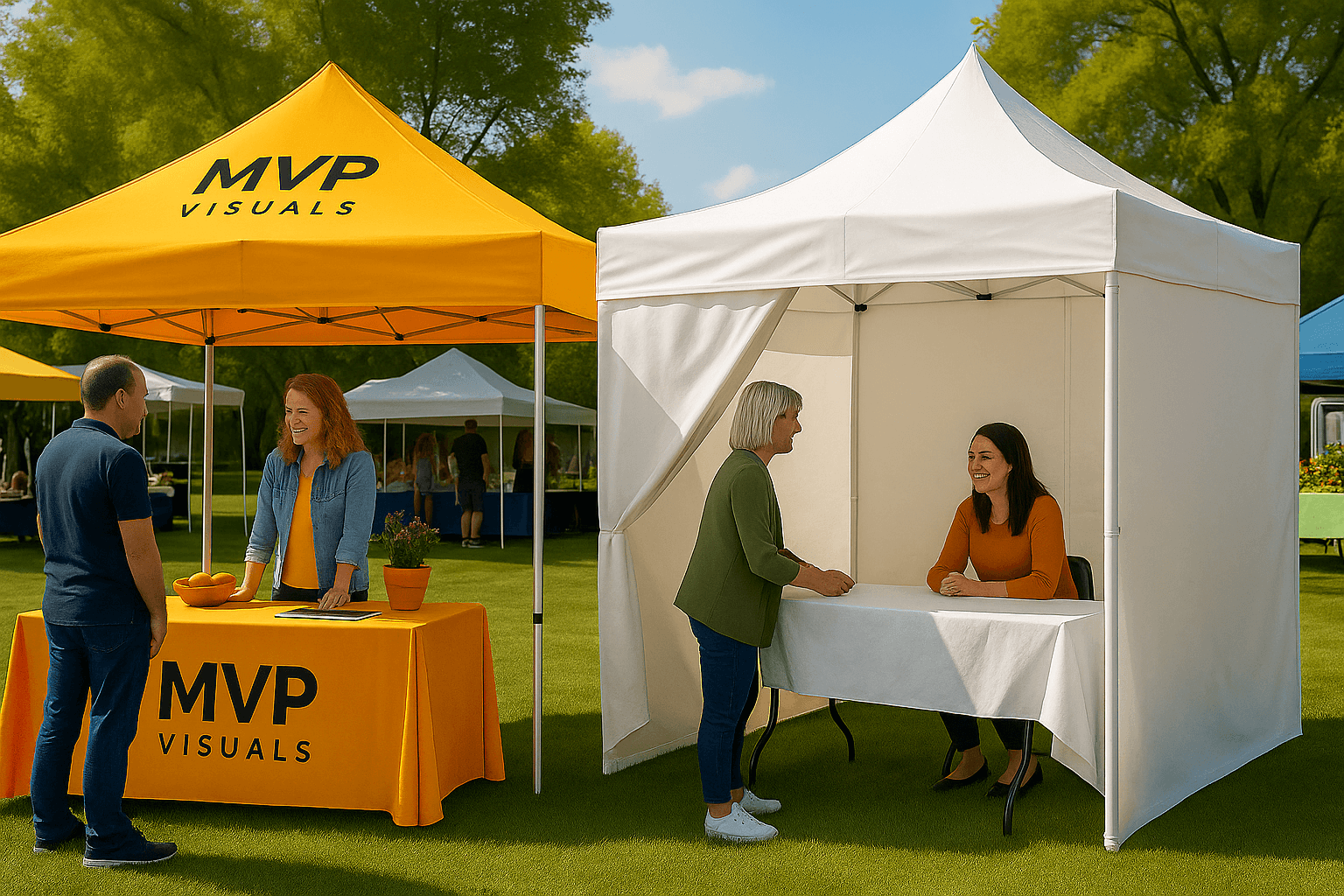 Canopy and tent side by side at an outdoor event. The orange canopy has MVP Visuals branding and open sides, while the white tent is enclosed with people interacting nearby.