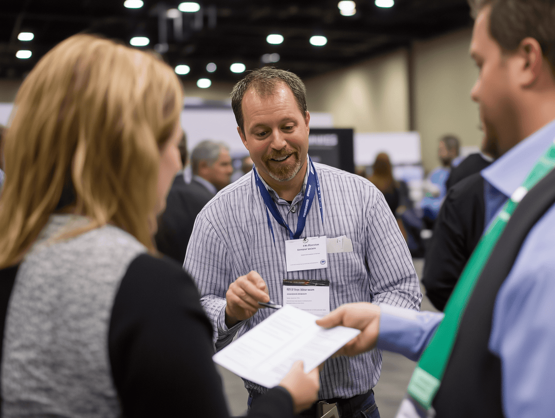 Business professionals networking at a trade show, exchanging a lead capture form.