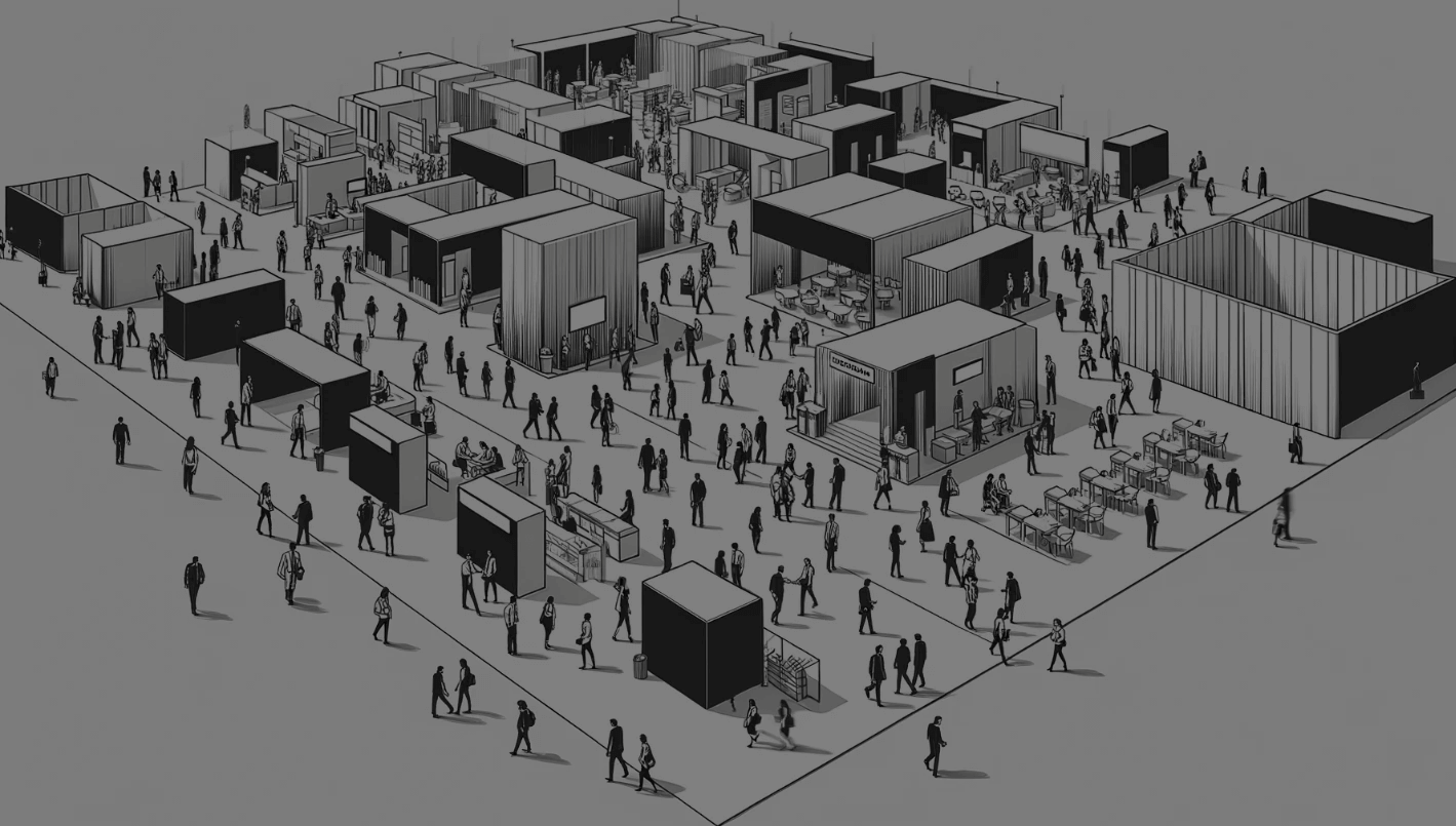 an overhead drone shot of bustling trade show event