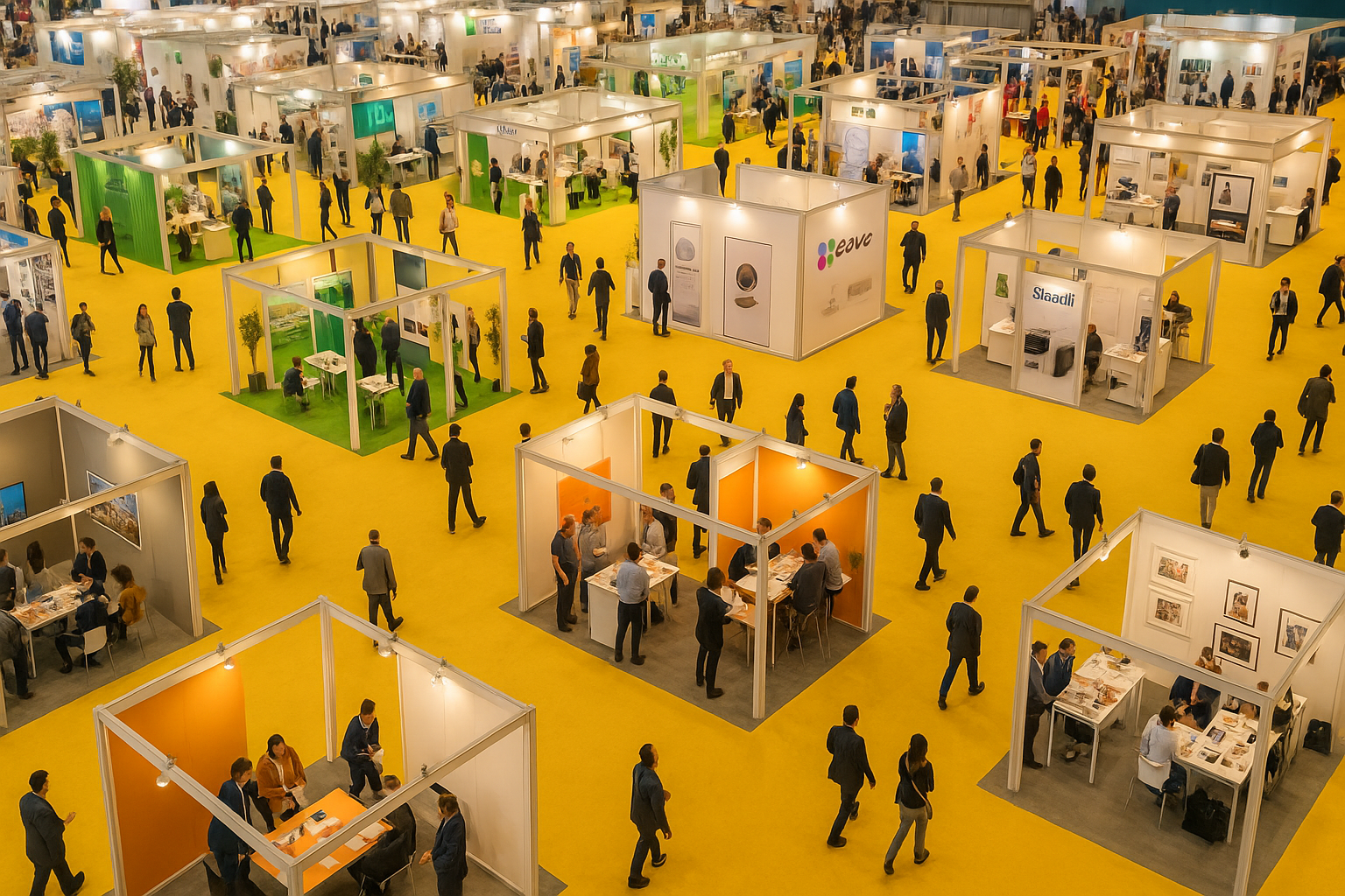 Overhead view of a bustling trade show with modular exhibition booths, and attendees walking through wide aisles in a large convention center