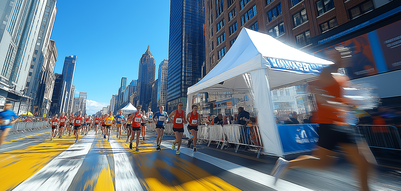 a group of marathon runners in city setting running past a water aid station