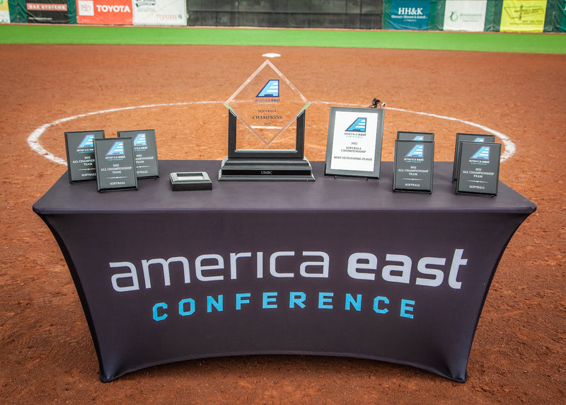stretch table cover customized for america east conference with trophy plaques on the table