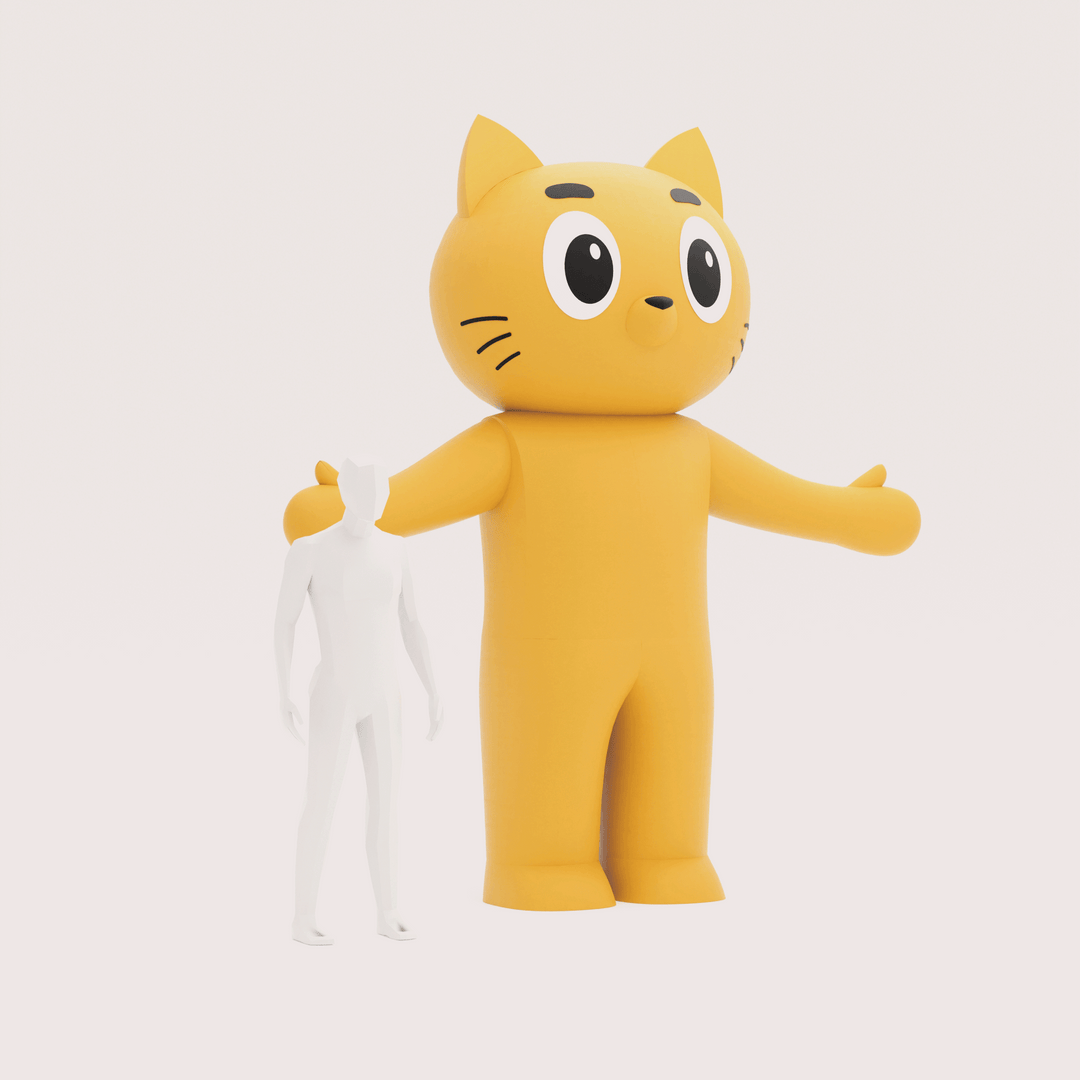 angled view of inflatable cat mascot with 3d model of man for scale