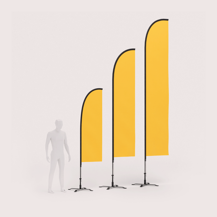 Three differently sized custom feather flags with a 3d human model for scale