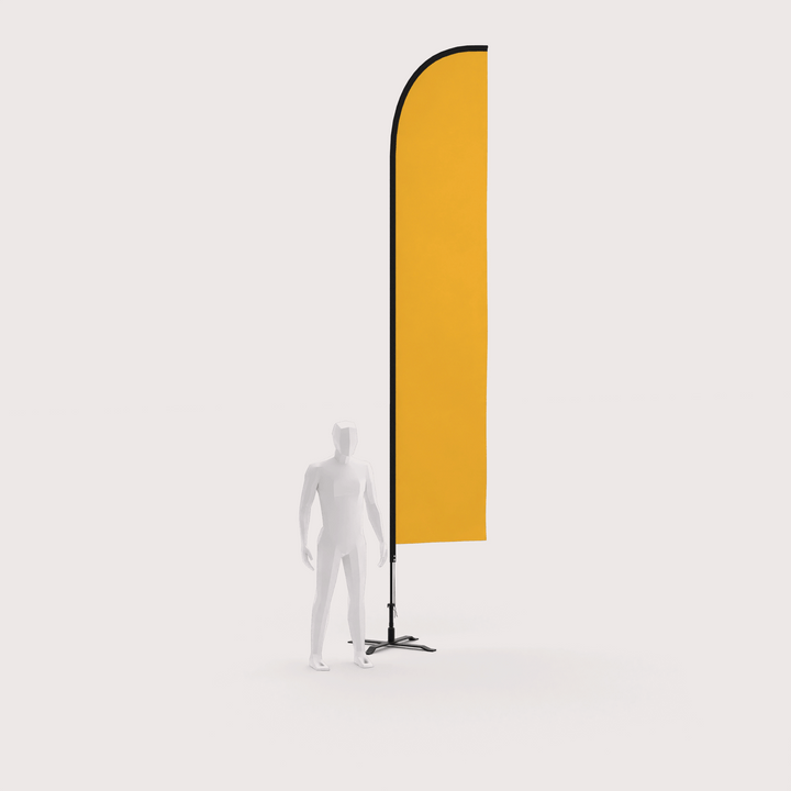 15 ft flying feather flag with a flag base next to a 3D human model