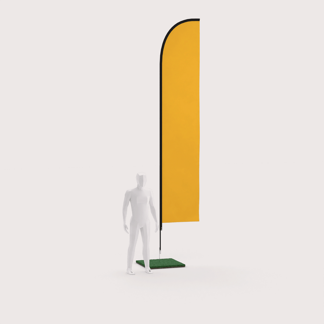 13 ft custom feather flag ground-staked next to a 3D human model