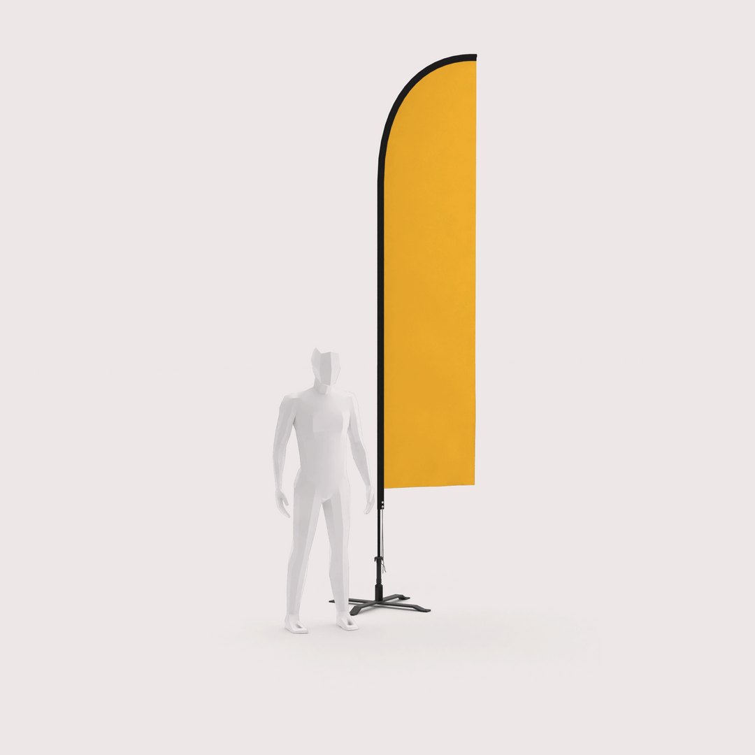 13 ft custom feather flag with a flag base next to a 3D human model