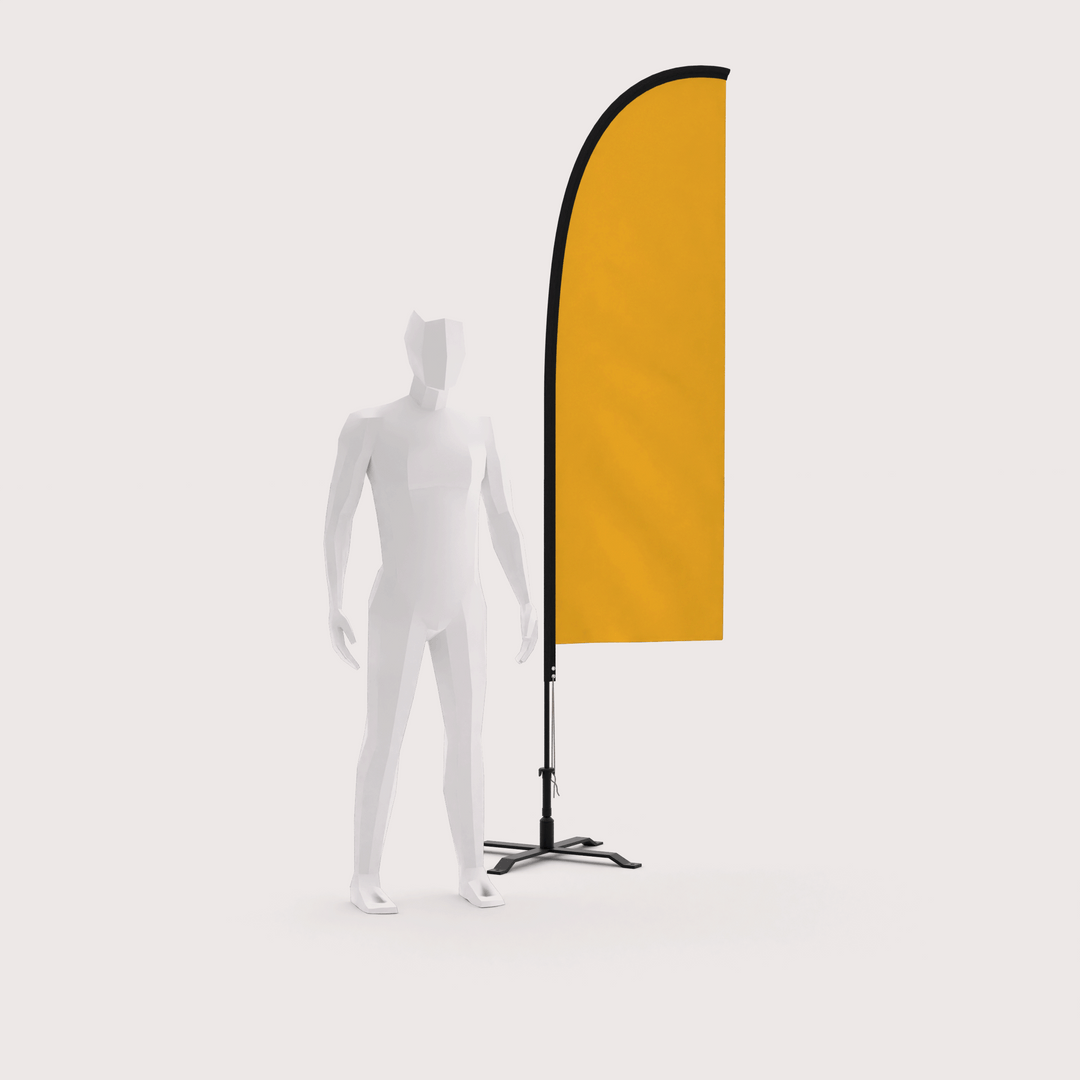 9 ft custom feather flag with a base next to a 3D human model