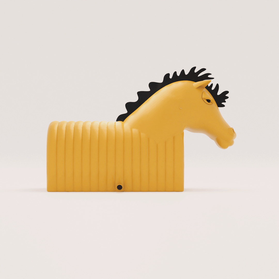 Side view of a yellow horse mascot inflatable tunnel with a black mane
