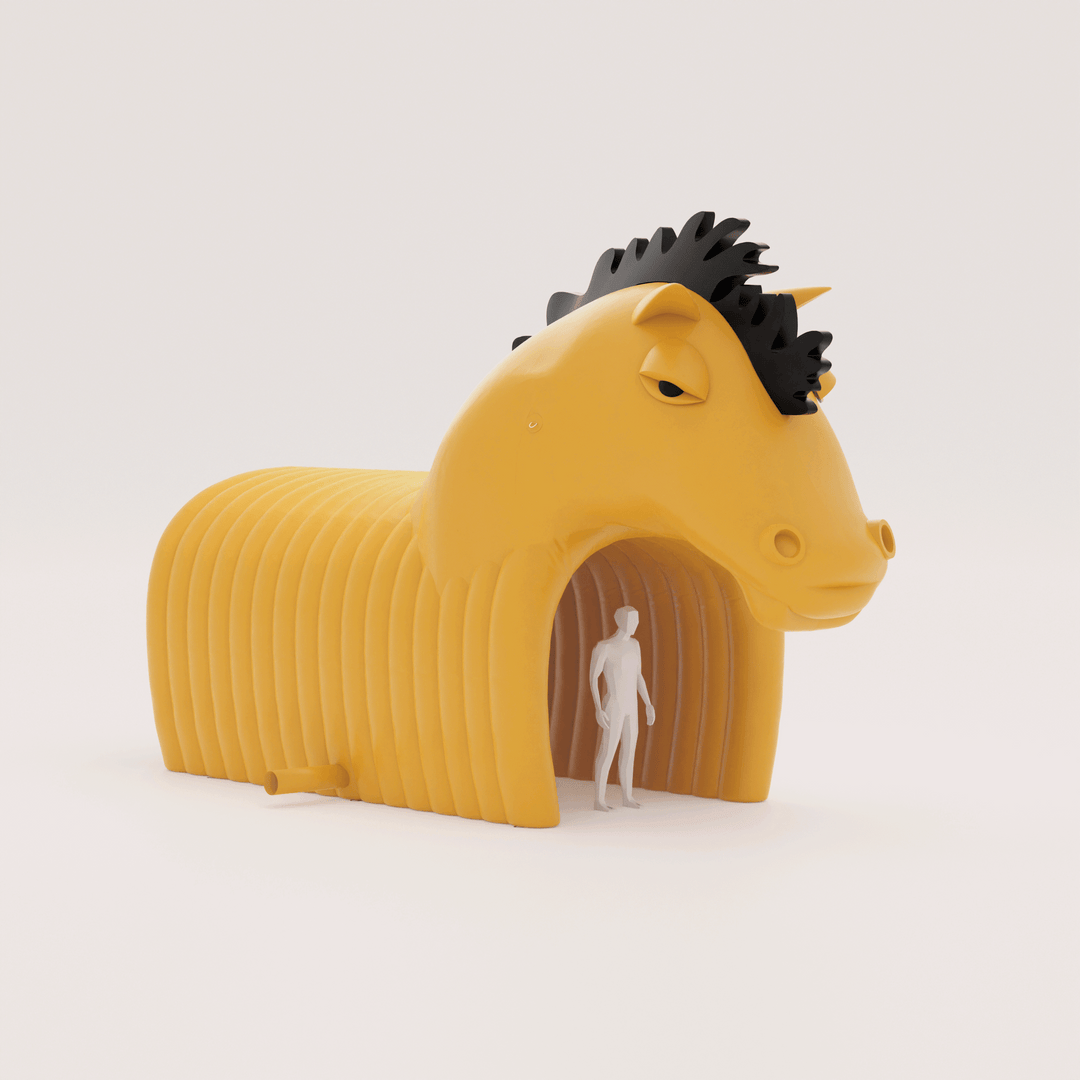 3d model of inflatable horse mascot tunnel with a 3D human model for scale