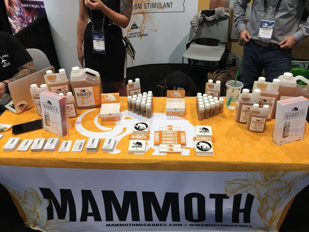 Bright yellow custom table cover displaying the MAMMOTH logo at a trade show booth