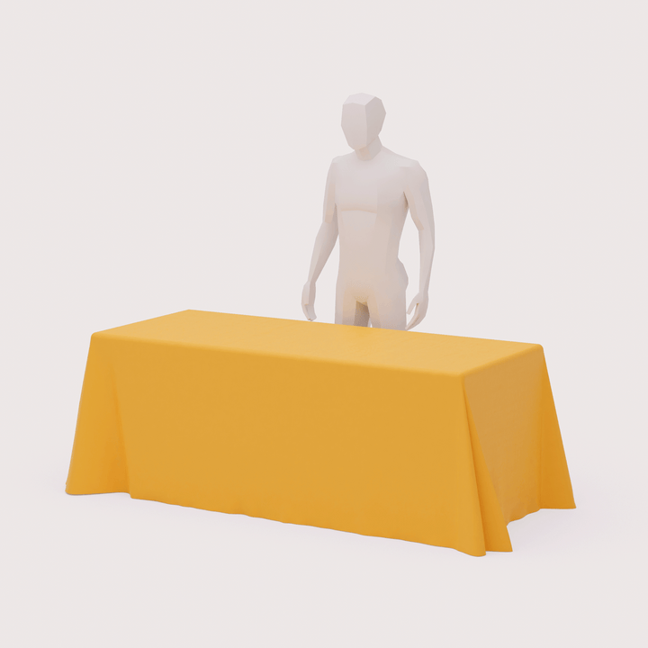 polyester custom throw tablecloths with 3d model standing behind it