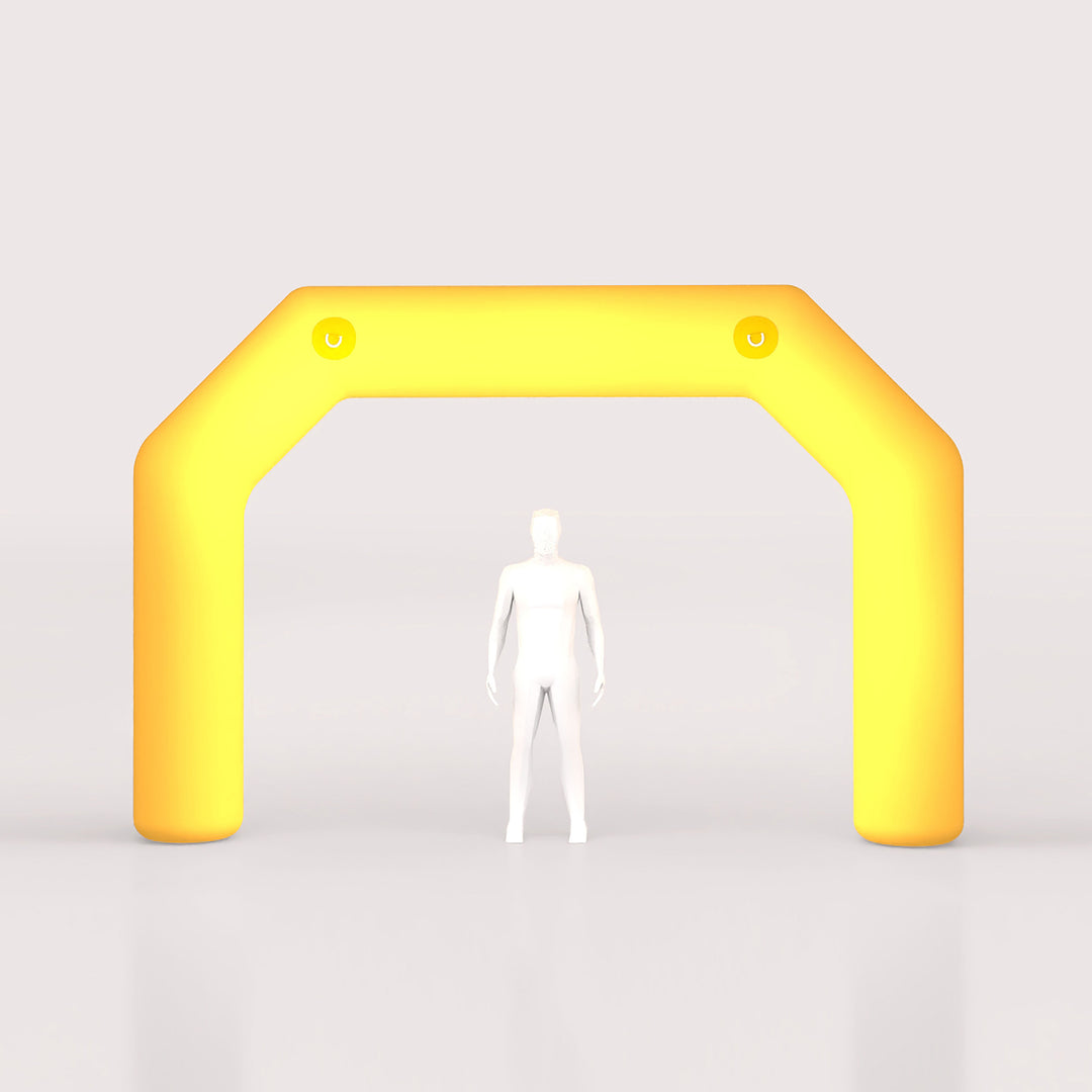 Yellow inflatable LED arch with rounded legs, shown with a human figure for scale in a white studio setting.