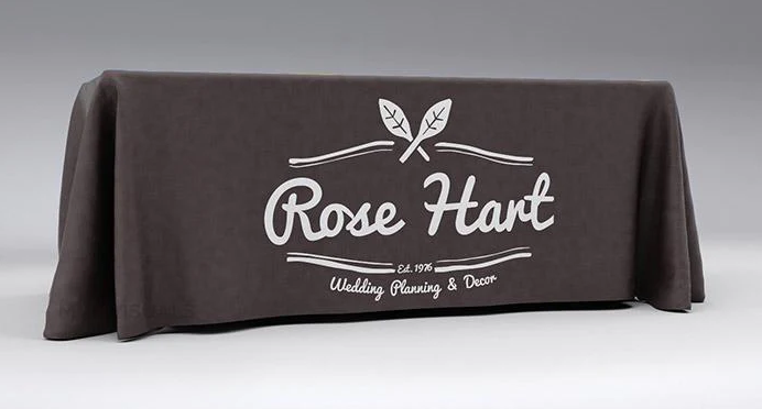 Sophisticated trade show table cover with a one-color Rose Hart logo, offering a clean, elegant brand presentation