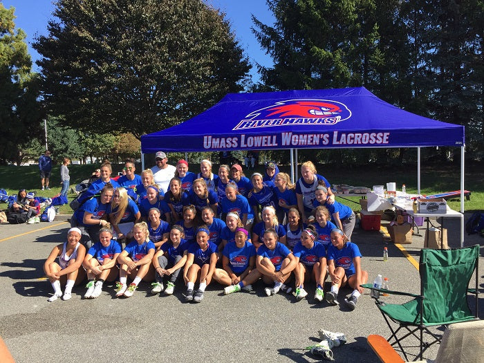 team photography day infront of Umass Lowell women's lacrosse 10 x 20 canopy tent 