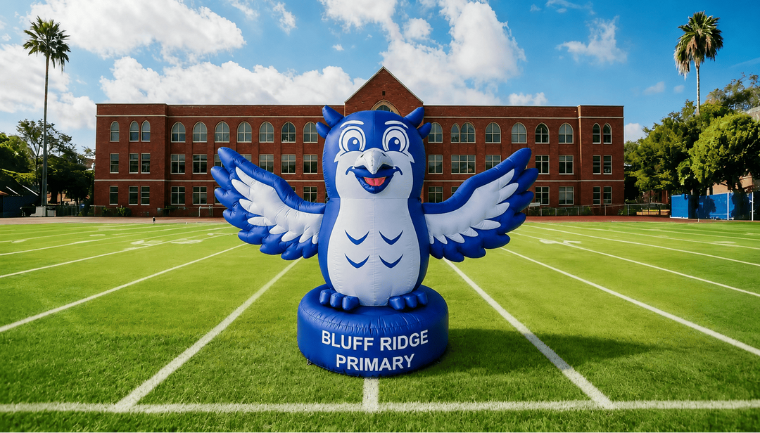 Inflatable mascot on a sports field with 'Bluff Ridge Primary' branding