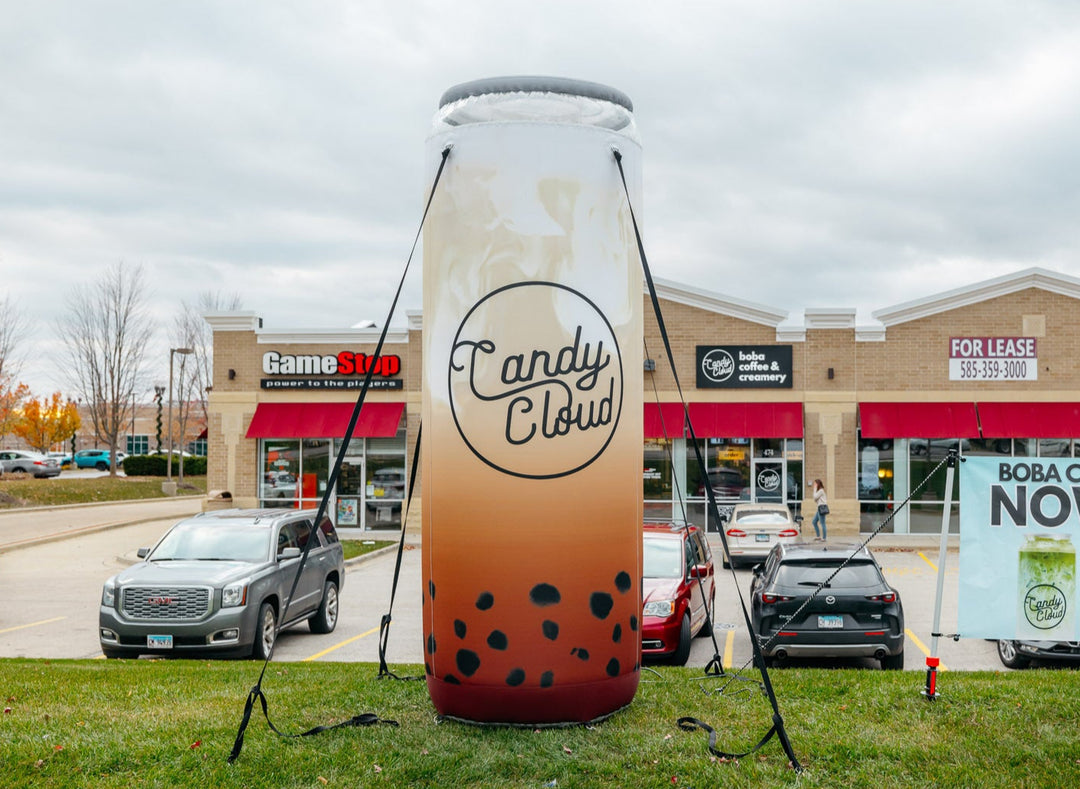 Inflatable boba tea can display for Candy Cloud in front of their new store location