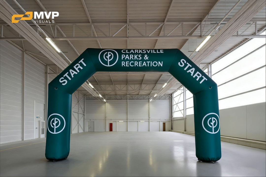 Clarksville Parks and Recreation inflatable start archway in indoor event space