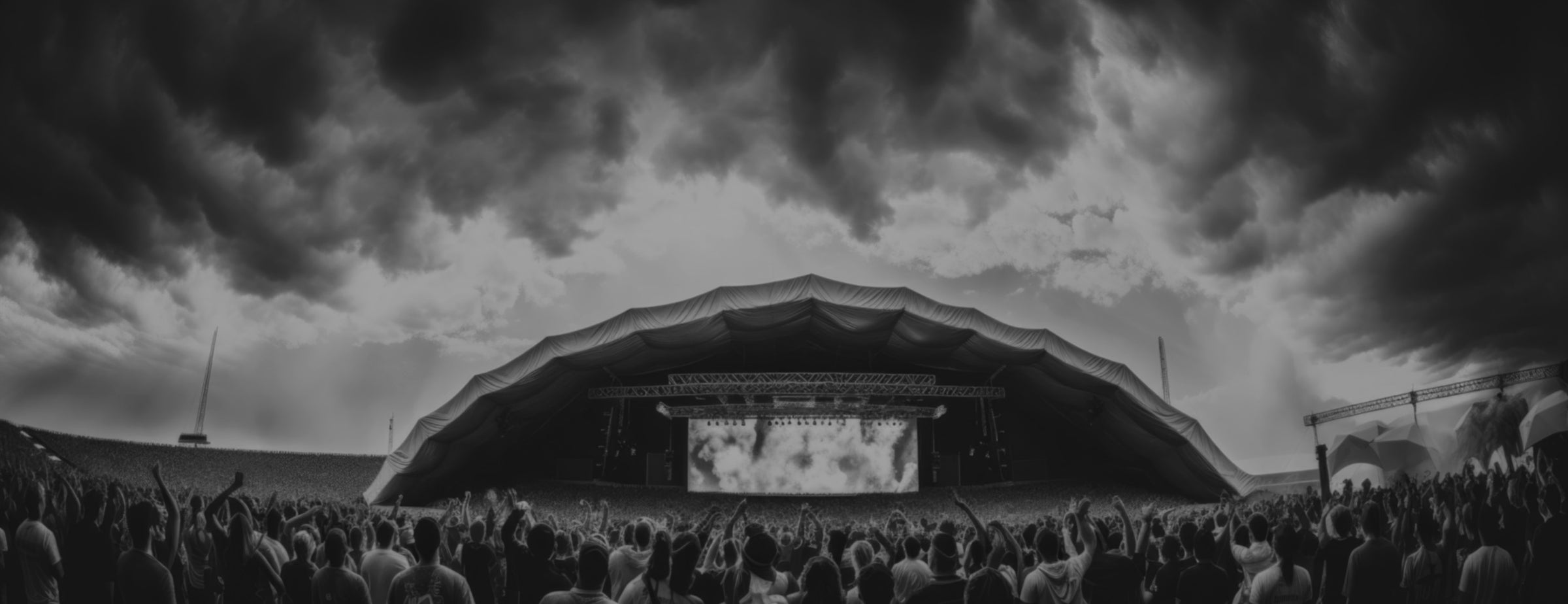 Crowd of concertgoers enjoying an outdoor music event under a large stage tent with dramatic clouds overhead