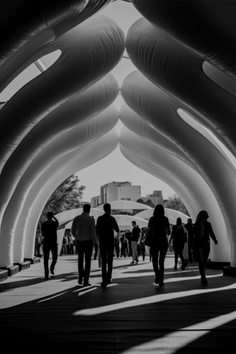 Silhouetted people walking through an outdoor inflatable tunnel installation at an event