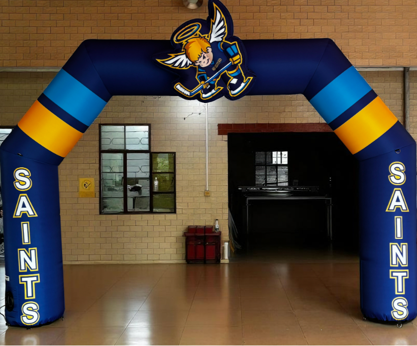custom inflatable arch with Saints hockey mascot and team branding