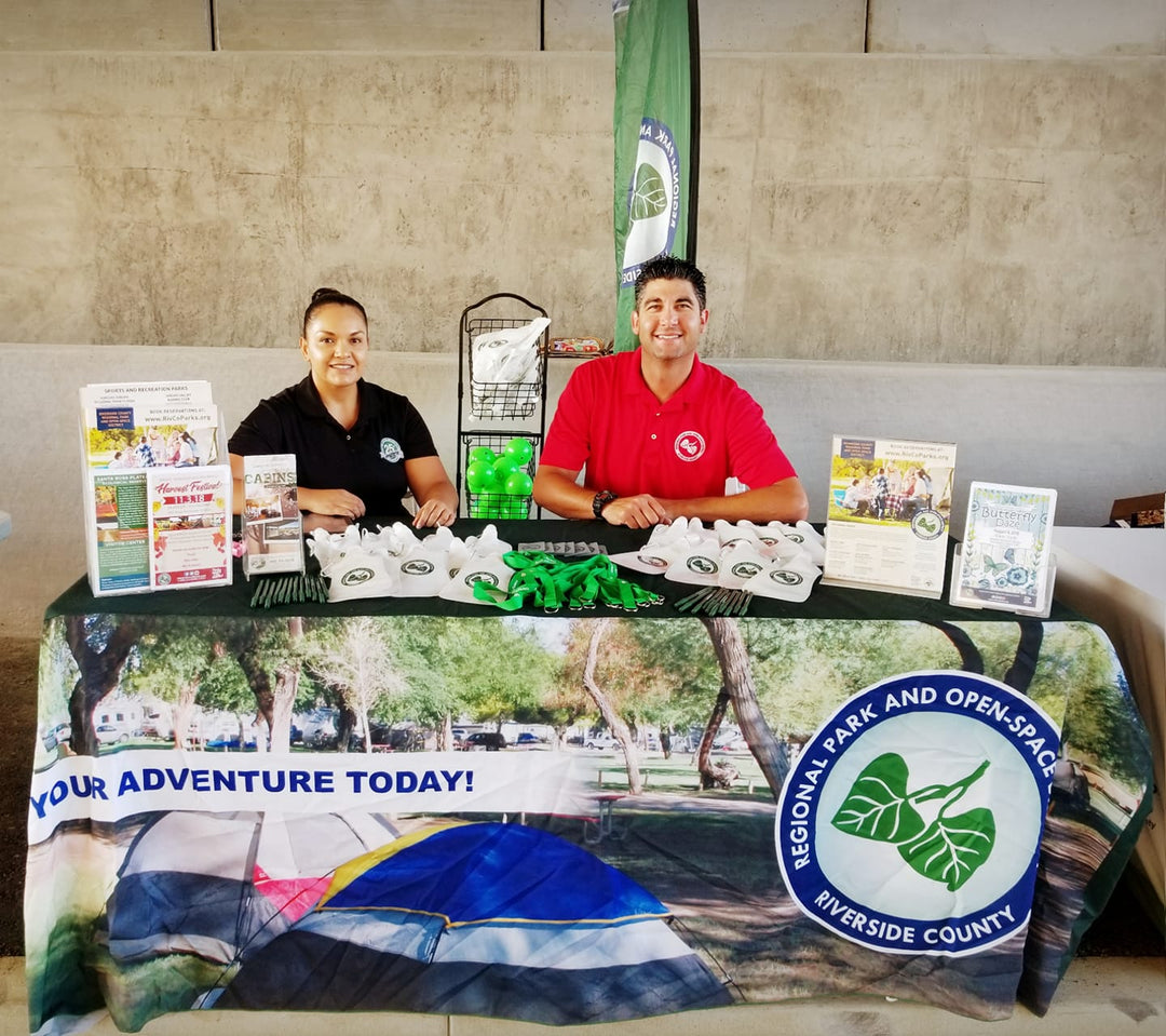 Custom printed table cover for Riverside County Regional Park and Open-Space District community outreach booth