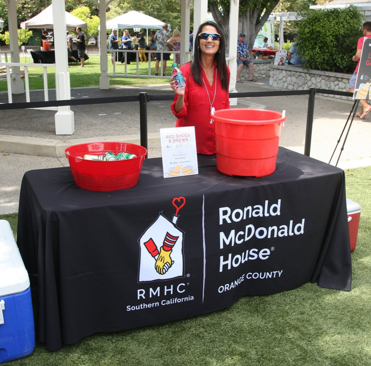 Custom table cover for Ronald McDonald House Southern California at Red Shoes & Brews outdoor community event