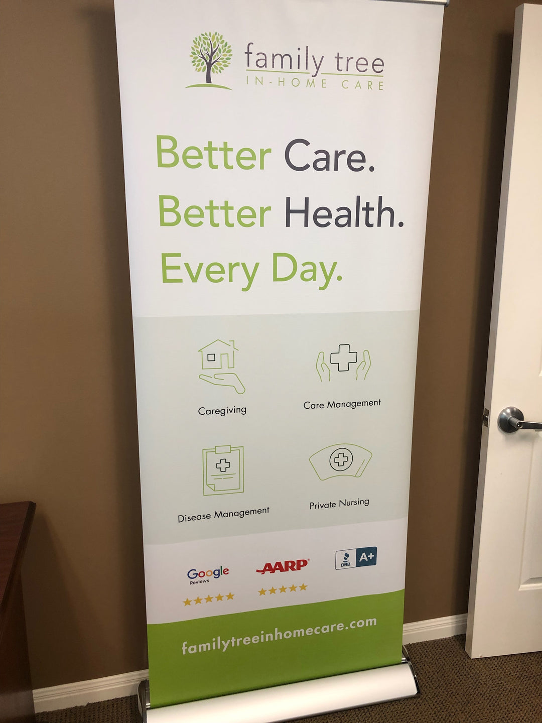 Family Tree In-Home Care roll up banner displaying services like caregiving, care management, disease management, and private nursing