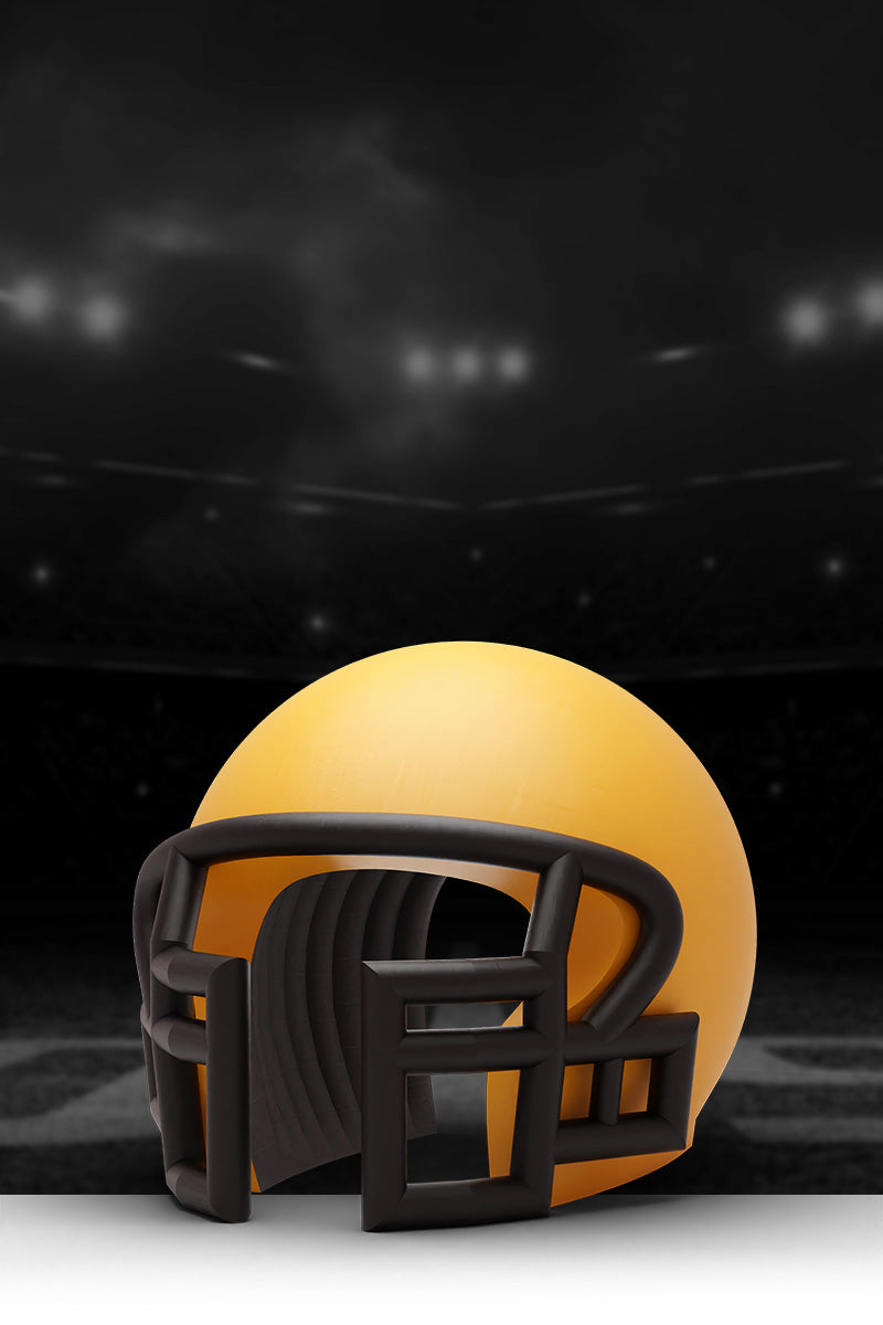 3D model of an inflatable football helmet against a stadium background for product visualization